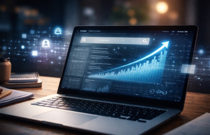 Laptop displaying rising search trends and digital analytics data