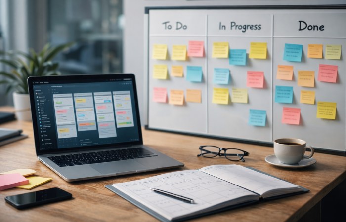 Organized workspace with laptop planner and productivity setup