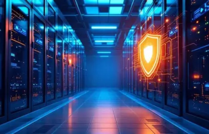 Cybersecurity shield protecting network servers from potential digital attacks