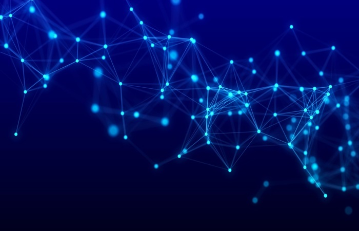 Digital network nodes connected by data lines representing IPv4 structure and packet routing
