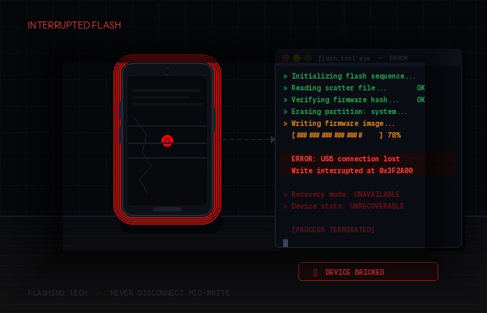 A smartphone with a black unresponsive screen representing a bricked device caused by a flashing software mistake