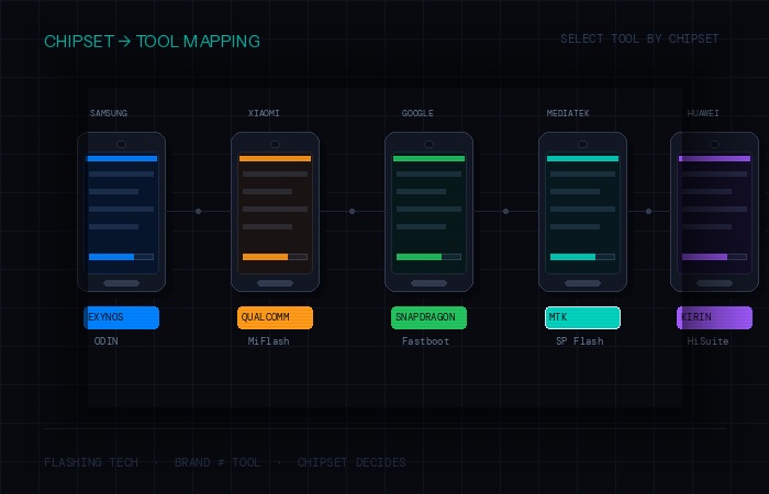  Multiple Android smartphones from different brands placed side by side representing chipset differences in flashing software selection